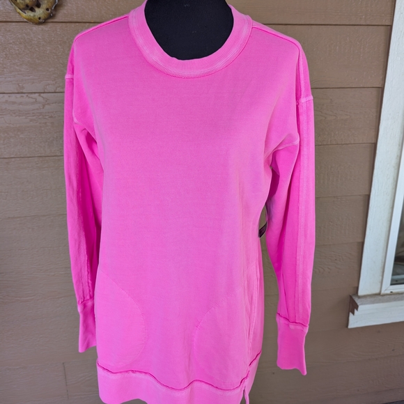 LOGO by Lori Goldstein Florescent Pink Sweatshirt with Raw Edge Seams - Picture 2 of 6